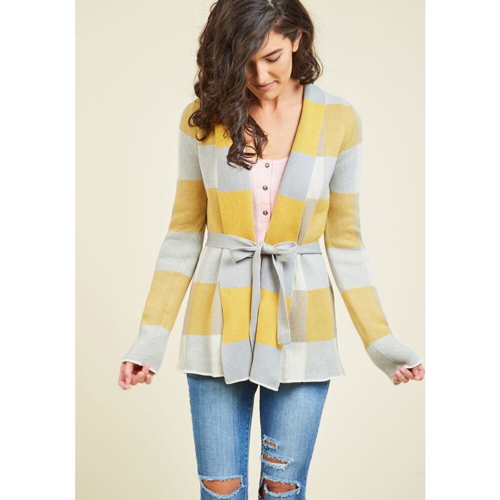 ModCloth Yellow Gray Color Block Open Front Cardigan Sweater Women's Size Medium